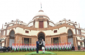 Prime Minister of India, H.E. Narendra Modi receives President of Egypt, H.E. Abdel Fattah El-Sisi at Hyderabad House for bilateral engagements.